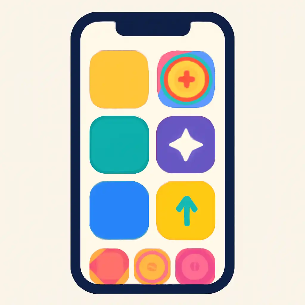 Smartphone shown from the front displaying a colourful flat layout of abstract game icons and rounded tiles, Spin Crush