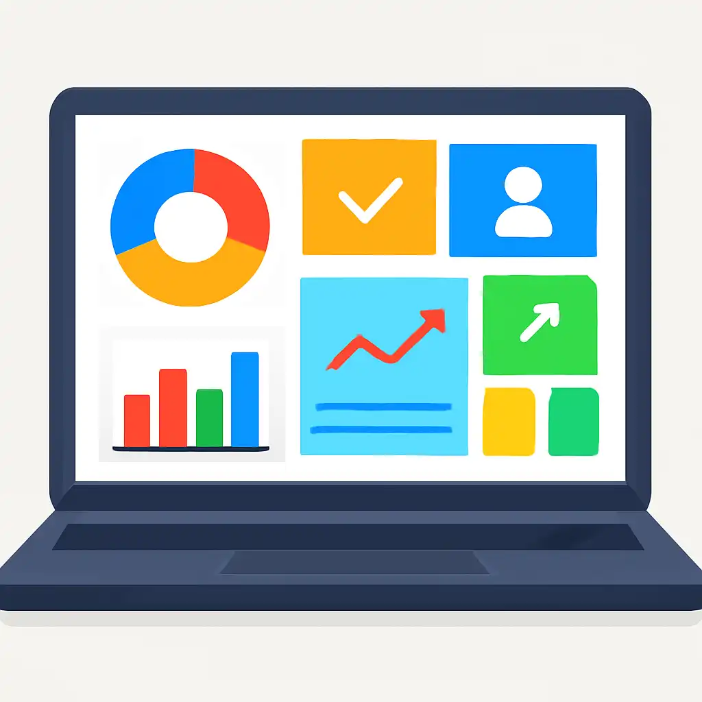 Laptop shown from the front displaying a colourful flat dashboard of abstract charts, bars and icon tiles, Spin Crush