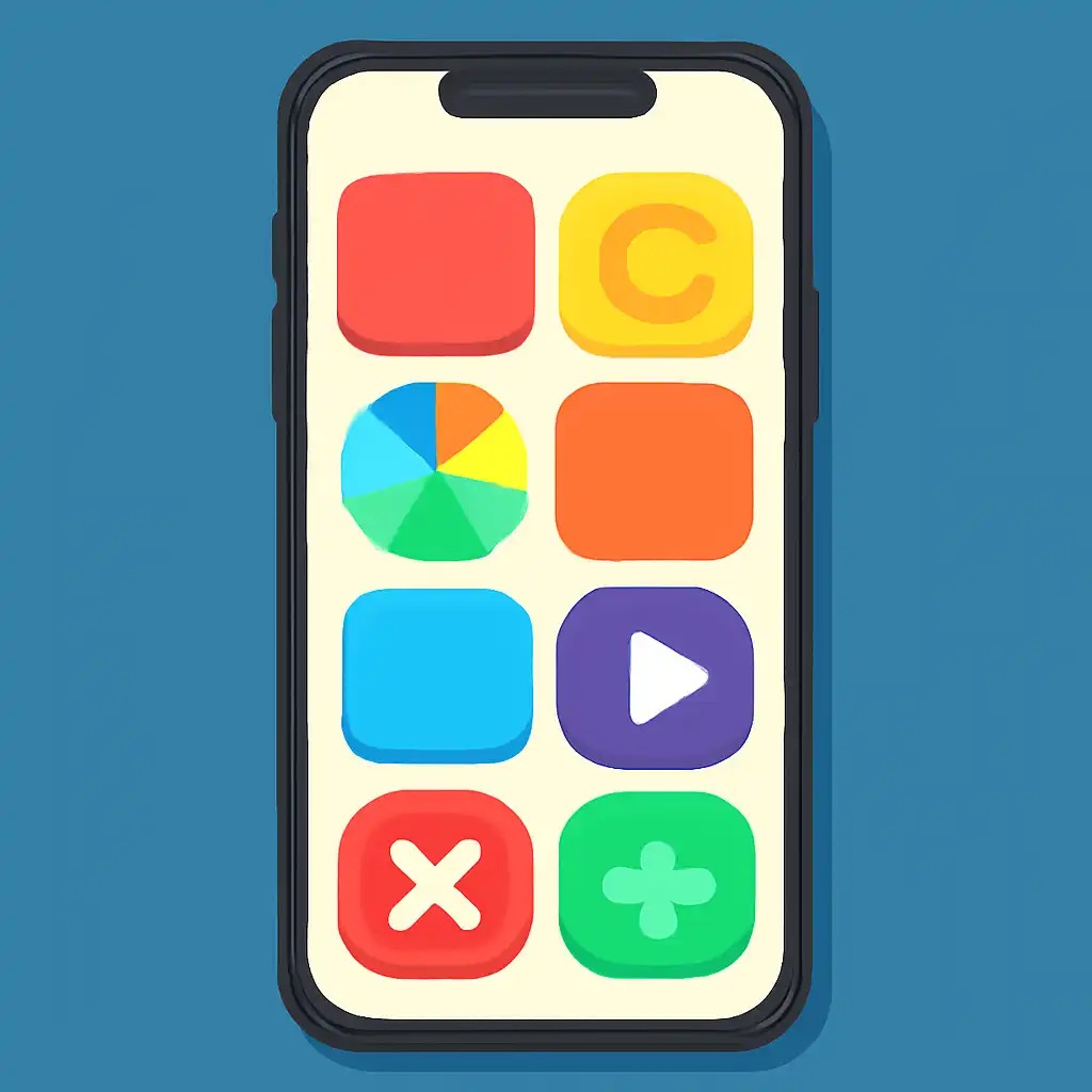 Smartphone shown from the front displaying a colourful flat layout of abstract game icons and rounded tiles, Getting