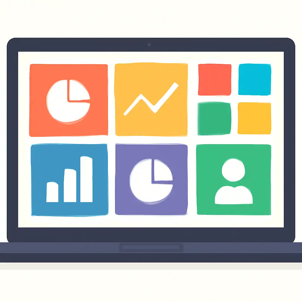 Laptop shown from the front displaying a colourful flat dashboard of abstract charts, bars and icon tiles, Getting Started