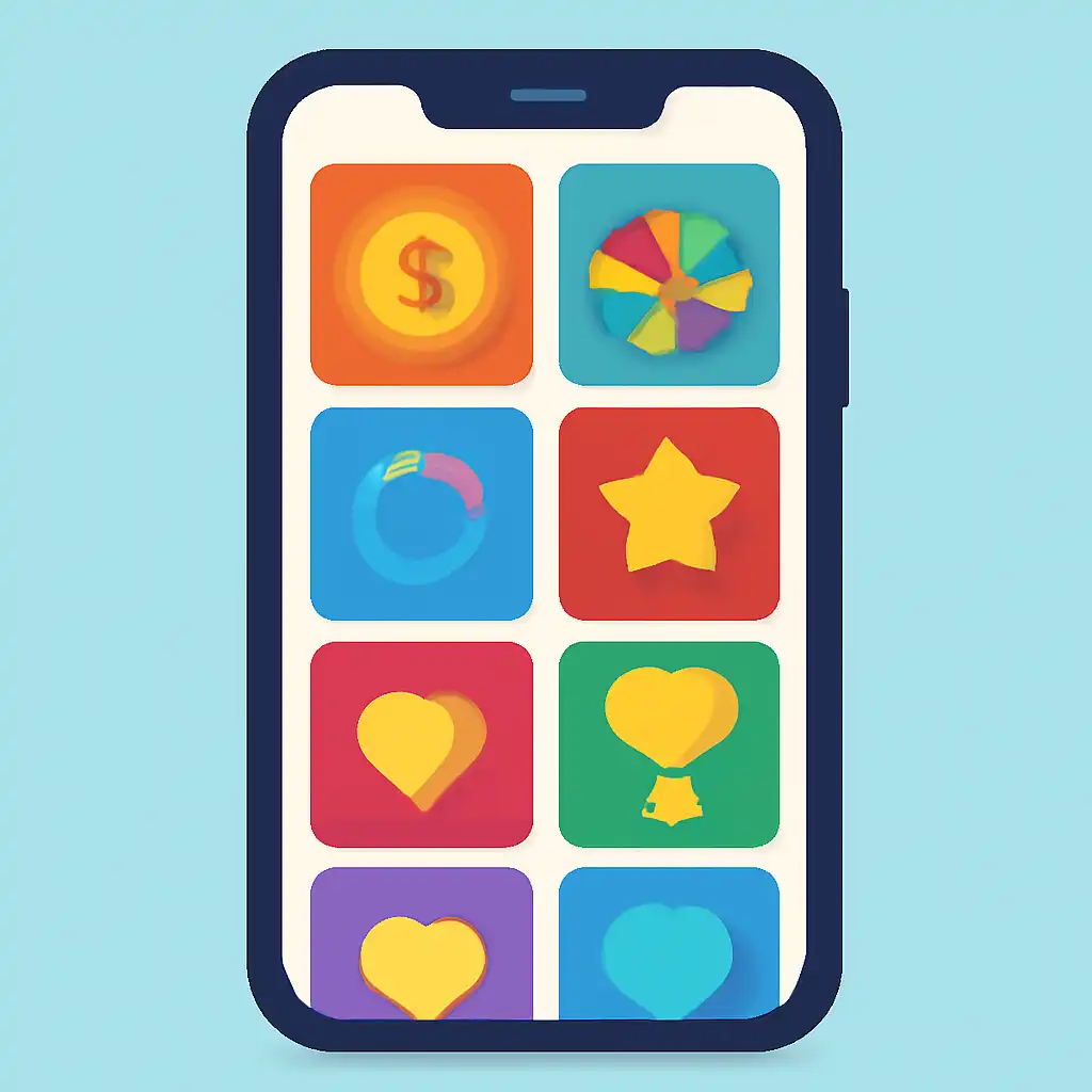 Smartphone shown from the front displaying a colourful flat layout of abstract game icons and rounded tiles, Deposits