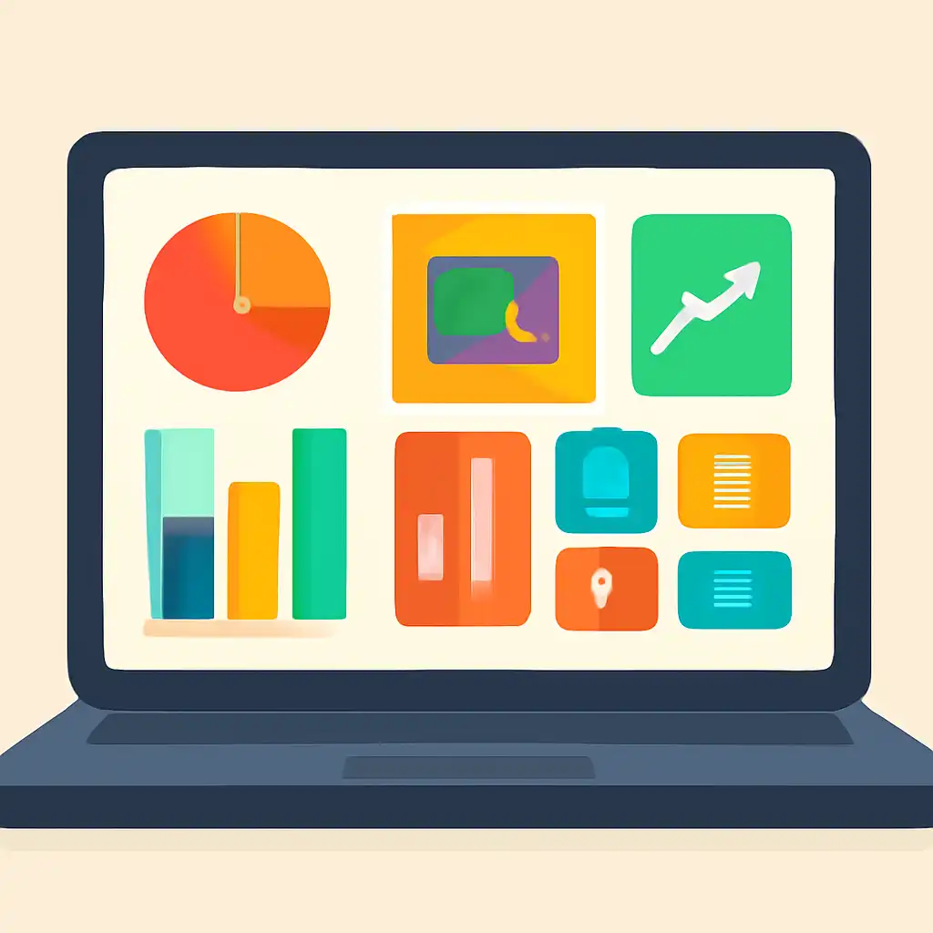 Laptop shown from the front displaying a colourful flat dashboard of abstract charts, bars and icon tiles, Deposits