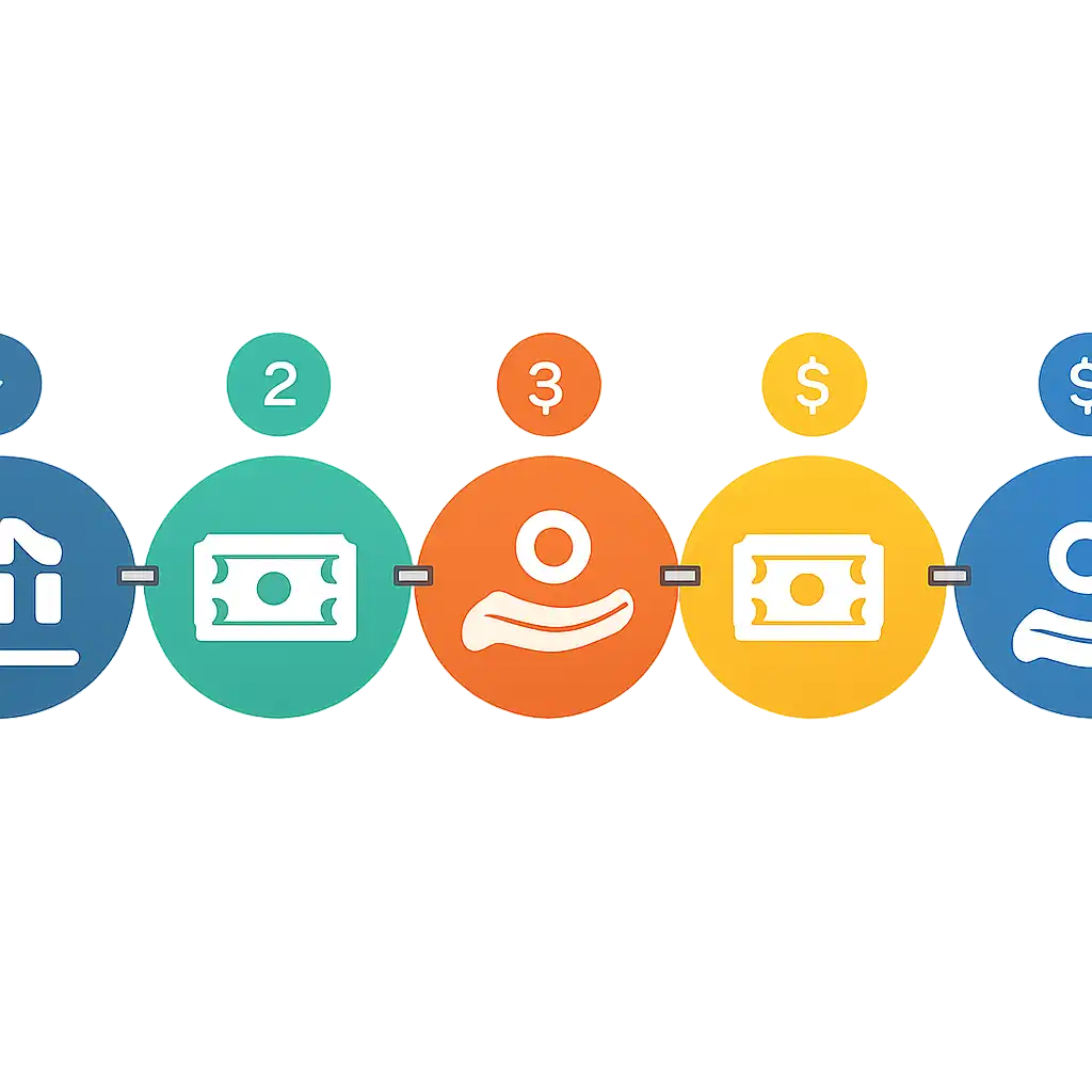 Five numbered circular icons connected by arrows in a horizontal flow, Deposits, Withdrawals and Payouts steps, Spin Crush