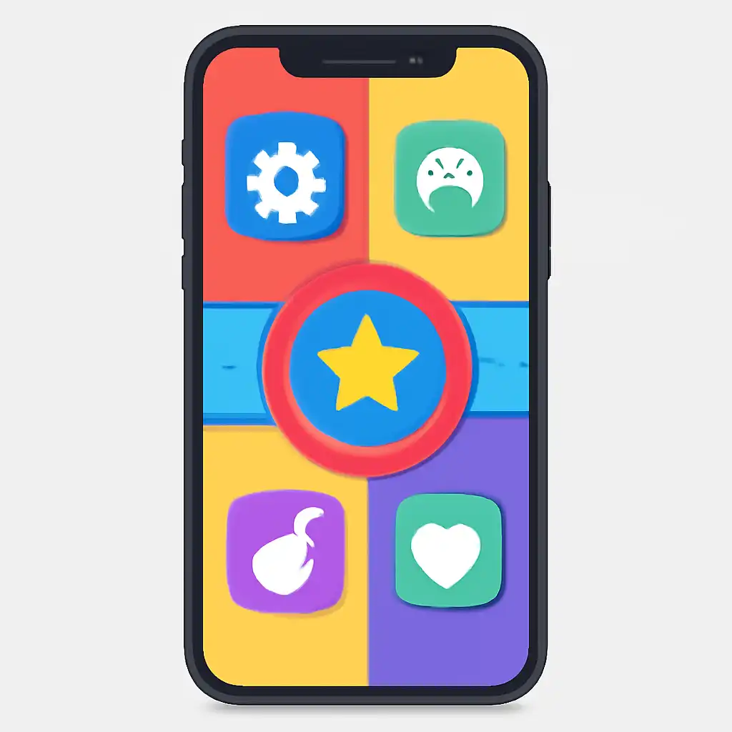 Smartphone shown from the front displaying a colourful flat layout of abstract game icons and rounded tiles, Common