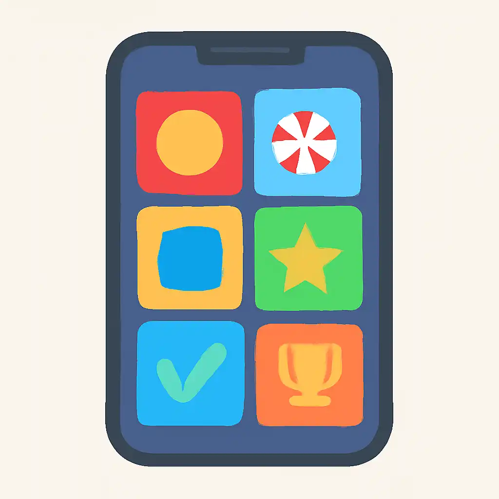 Smartphone shown from the front displaying a colourful flat layout of abstract game icons and rounded tiles, rush game