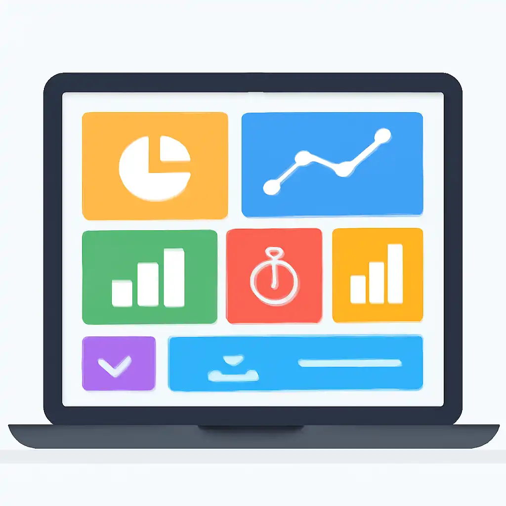 Laptop shown from the front displaying a colourful flat dashboard of abstract charts, bars and icon tiles, rush game