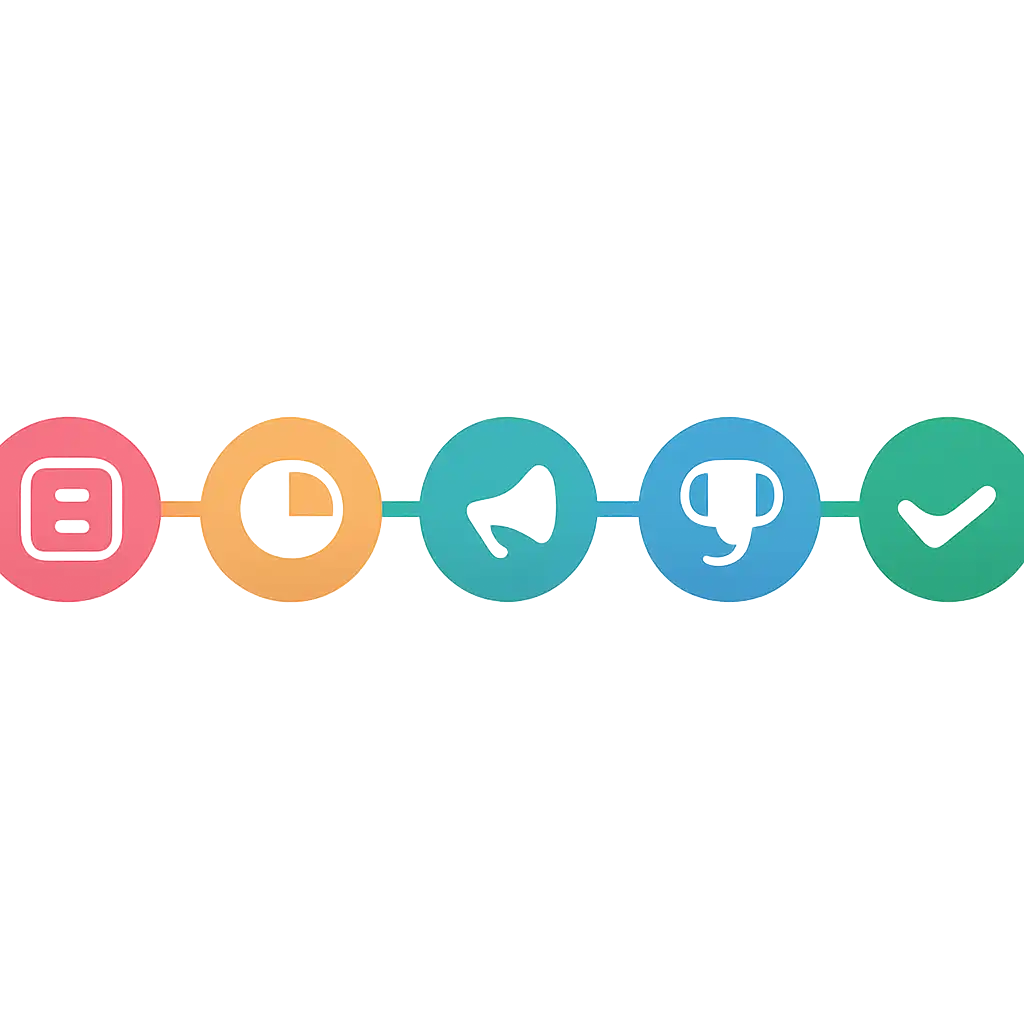 Five numbered circular icons connected by arrows in a horizontal flow, rush game: Rules, Timings and Results steps, Spin