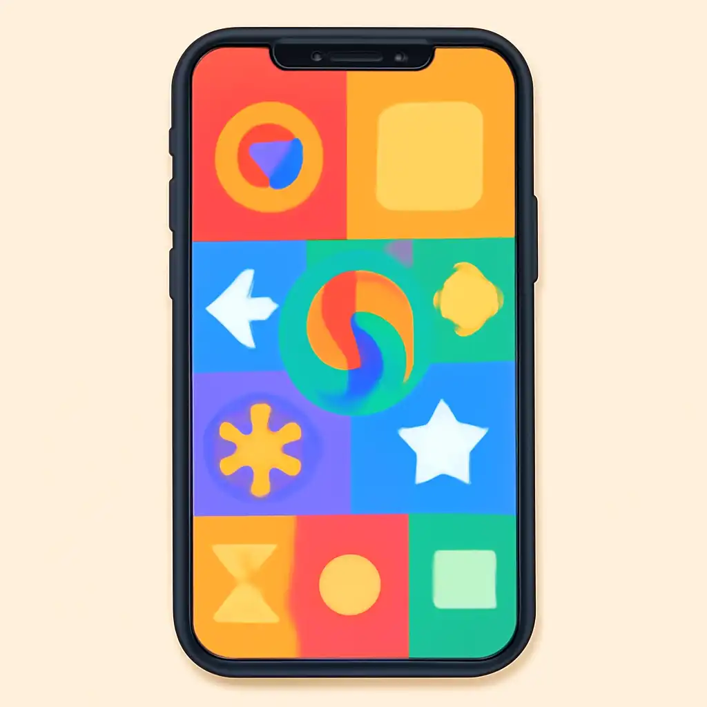 Smartphone shown from the front displaying a colourful flat layout of abstract game icons and rounded tiles, What rush game