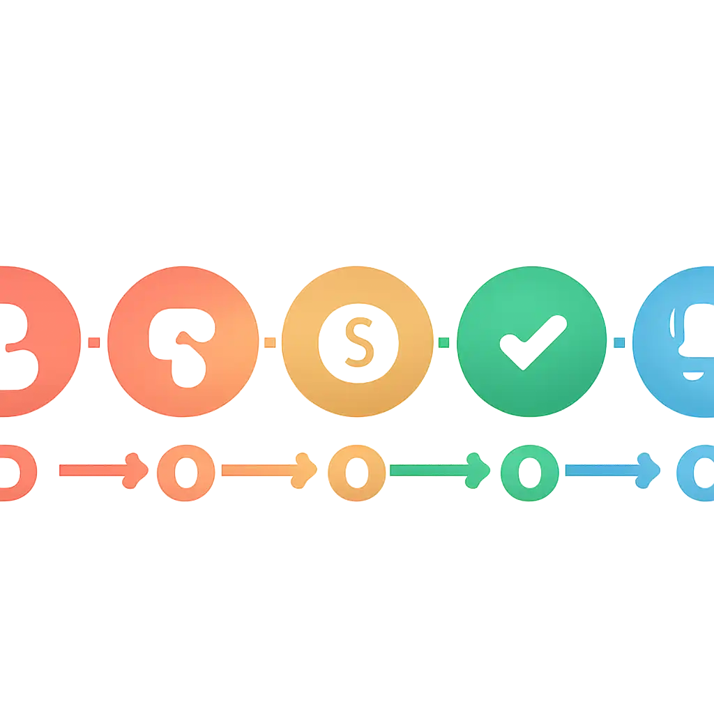 Five numbered circular icons connected by arrows in a horizontal flow, What rush game Is and How It Works steps, Spin Crush